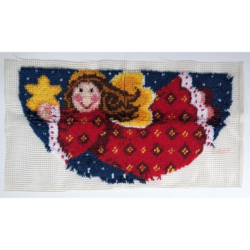 Vintage Finished Latch Hook‎ Rug Angel Star Christmas Wall Hanging Holiday Decor